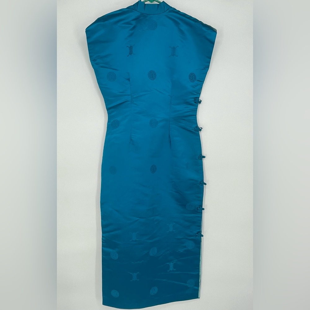 VTG 1960s Mandarin Fashions Aqua Blue Maxi Length Mid Century Cheongsam Dress - Picture 9 of 14
